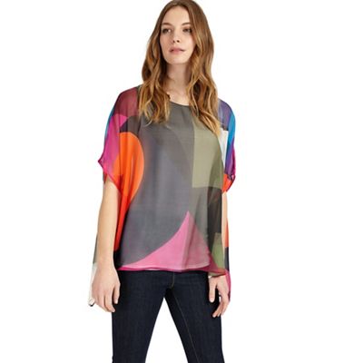Multi-coloured phoenix printed silk blouse